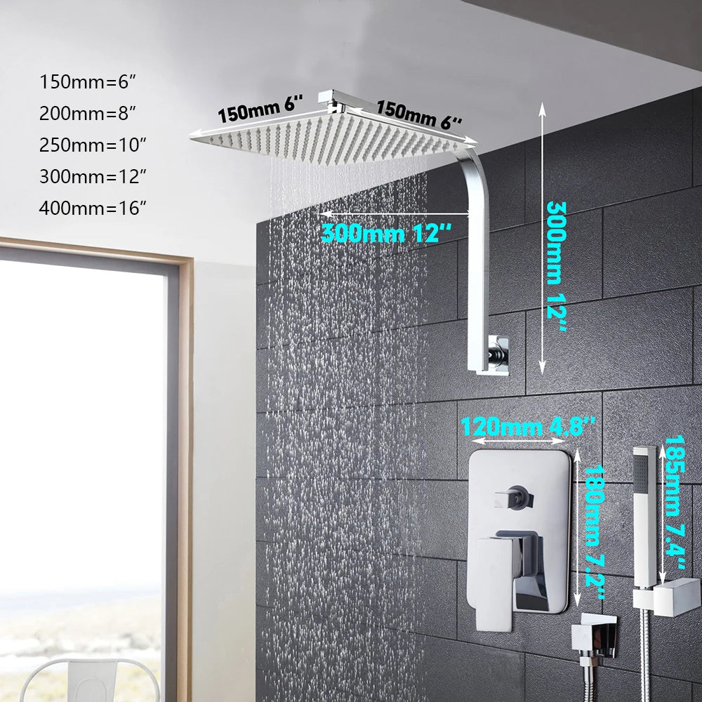 Torayvino Bathroom Shower Set LED Square Rainfall Shower Head Wall Mounted W/ Control Valve Hand Sprayer Chrome Polished Kit