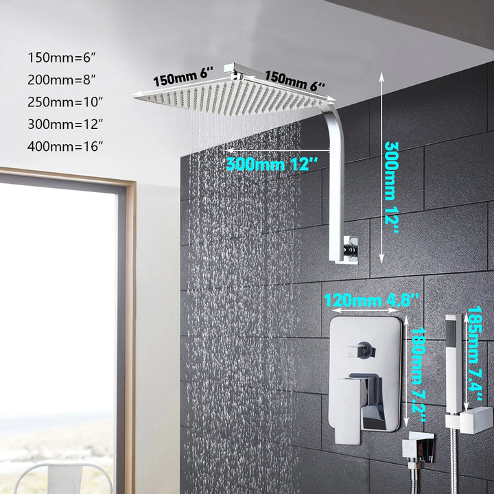 Torayvino Bathroom Shower Set LED Square Rainfall Shower Head Wall Mounted W/ Control Valve Hand Sprayer Chrome Polished Kit