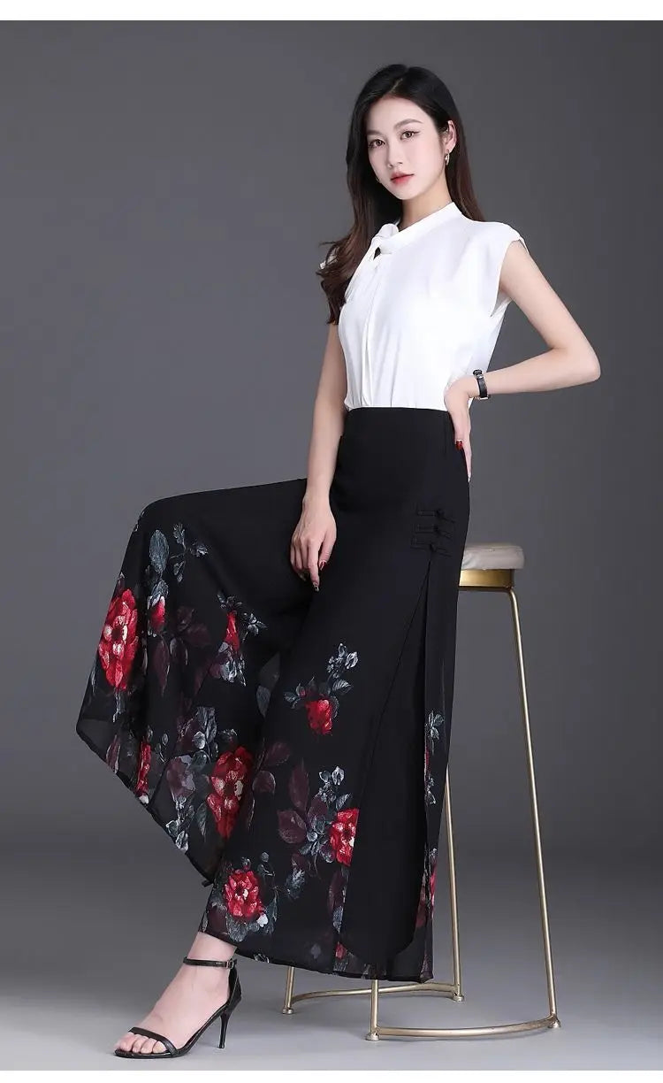 Thin Chinese Style Floral Chiffon Wide Leg Pants Women Tie Die Printed Button Loose High Waist Vintage Straight Trousers
