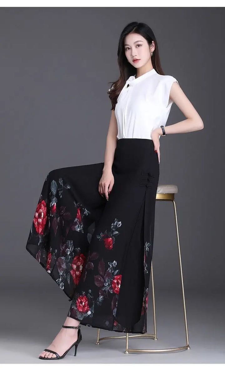 Thin Chinese Style Floral Chiffon Wide Leg Pants Women Tie Die Printed Button Loose High Waist Vintage Straight Trousers