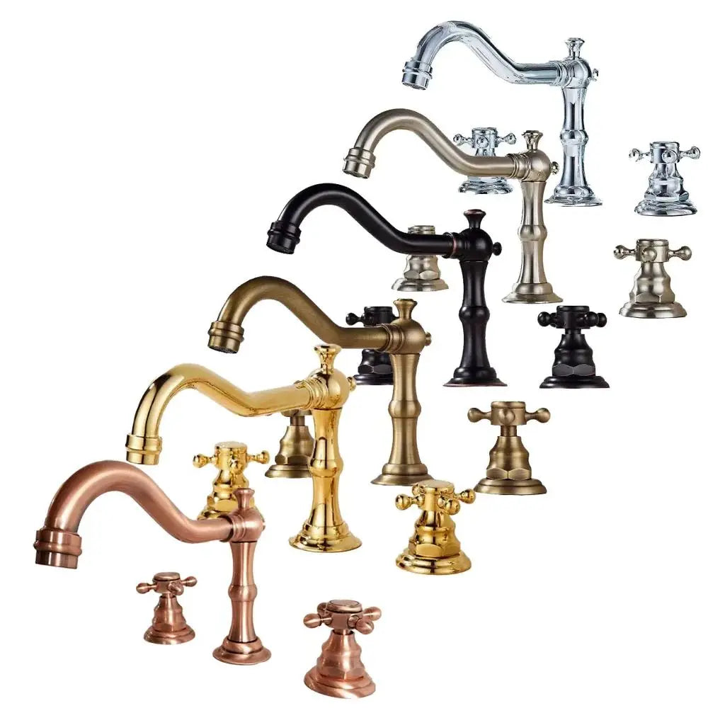 Bathroom Basin Faucet 3 Hole Deck Mounted Dual Handle Hot Cold Mixer Water Tap Brass Basin Sink Faucet Nzh041