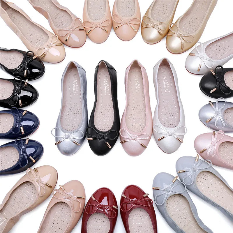 Ladies Loafers Shoes Bowtie Flats Patent Leather Loafers Women Round Toe Roll-Up Shoes Woman Bridesmaid Flats Large Size Zapatos