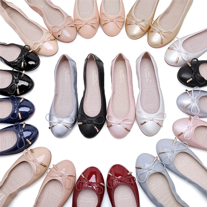 Ladies Loafers Shoes Bowtie Flats Patent Leather Loafers Women Round Toe Roll-Up Shoes Woman Bridesmaid Flats Large Size Zapatos