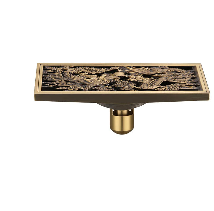 Bathroom Floor Drain Copper Antique Dragon Phoenix Picture Cover Large Displacement Floor Drain 20cm Long Strip Odor-Proof Drain
