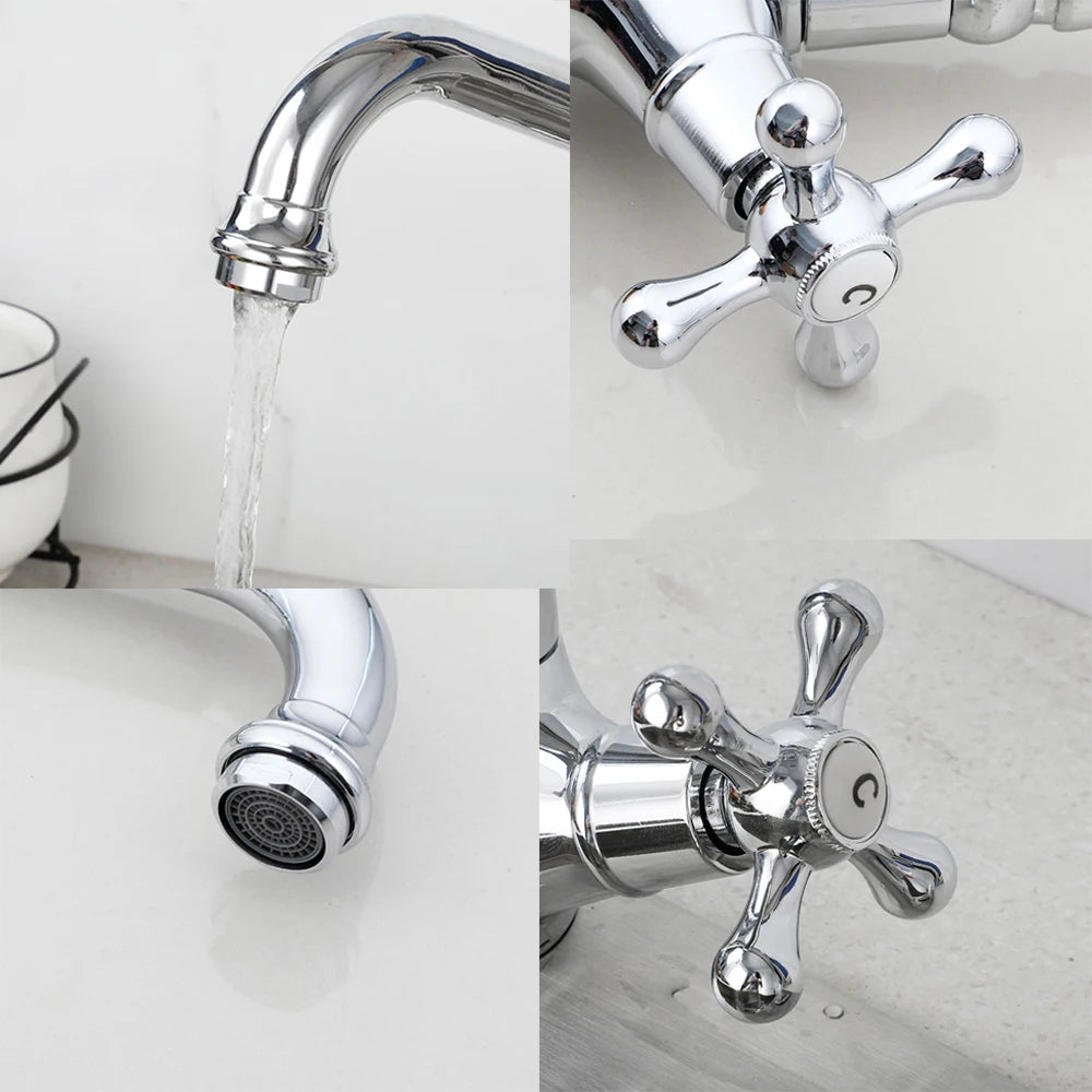 ZAPPO Kitchen Sink Faucet Polish Chrome Double Cross Handle Mixer 360° Swivel Spout Kitchen Faucets Tap Hot and Cold Water Taps