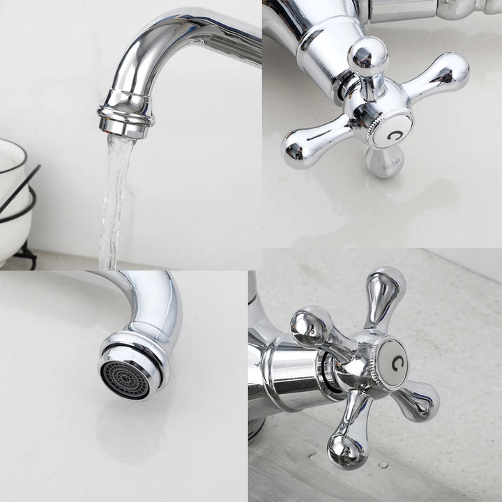 ZAPPO Kitchen Sink Faucet Polish Chrome Double Cross Handle Mixer 360° Swivel Spout Kitchen Faucets Tap Hot and Cold Water Taps