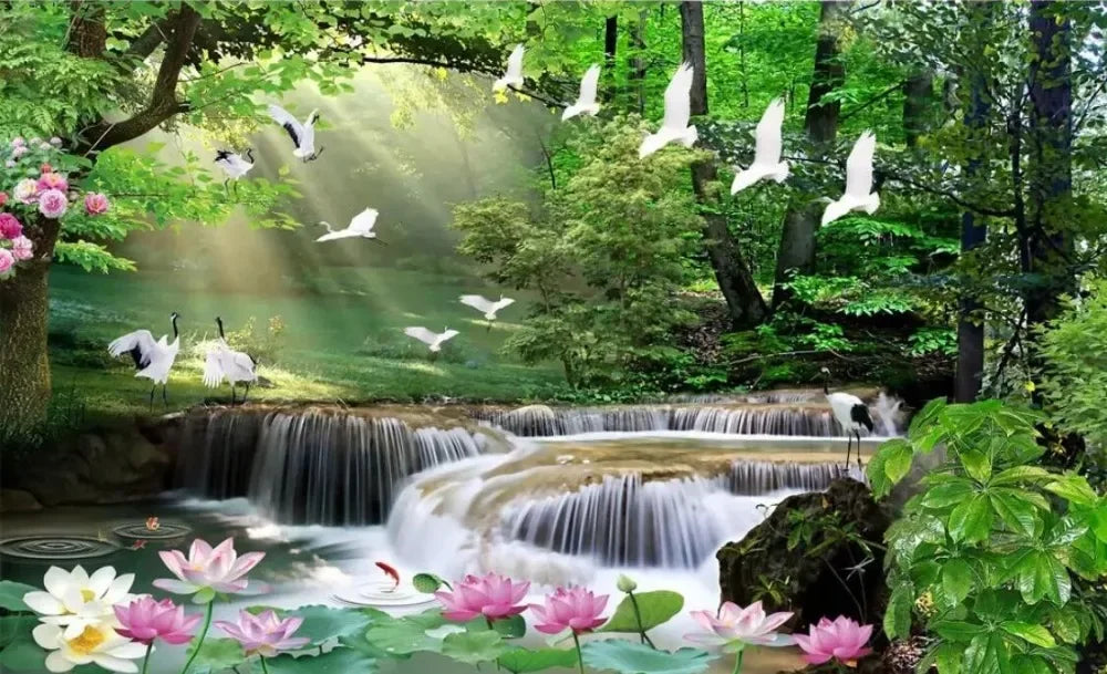 3D Custom Mural Wallpaper - Window Sea View with Red Flowers Stone Path Small Island Garden Lake Background wall for Home Decor