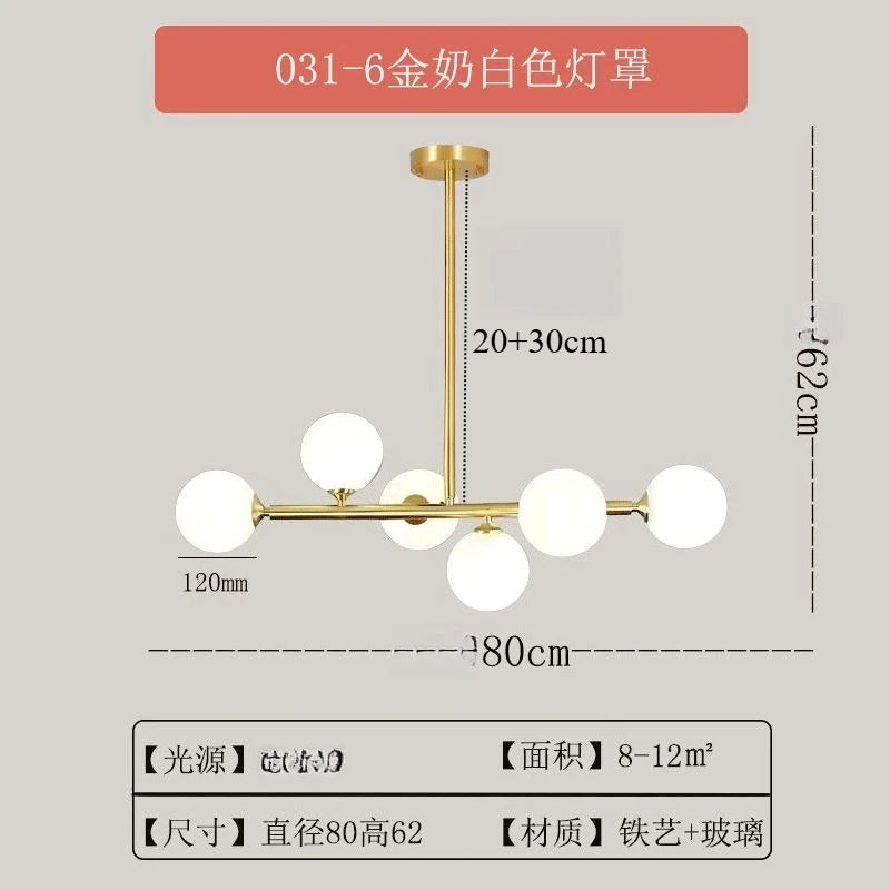 Modern Chandelier Pendant Light 8-Lights Gold & White Glass Pendant Lighting Globe Dining Light Fixture for Living Room Kitchen