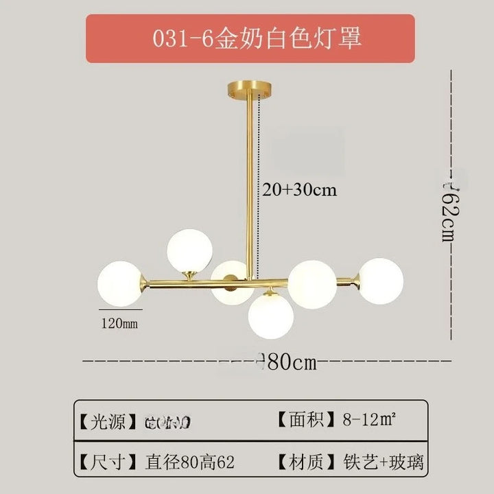 Modern Chandelier Pendant Light 8-Lights Gold & White Glass Pendant Lighting Globe Dining Light Fixture for Living Room Kitchen
