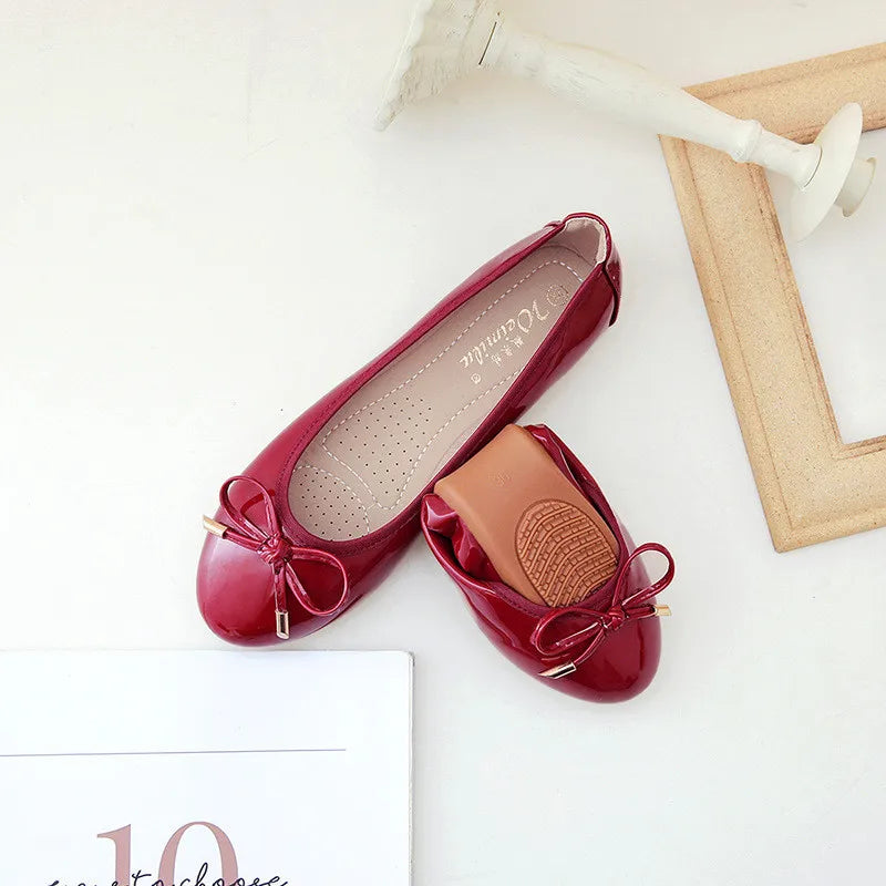 Ladies Loafers Shoes Bowtie Flats Patent Leather Loafers Women Round Toe Roll-Up Shoes Woman Bridesmaid Flats Large Size Zapatos
