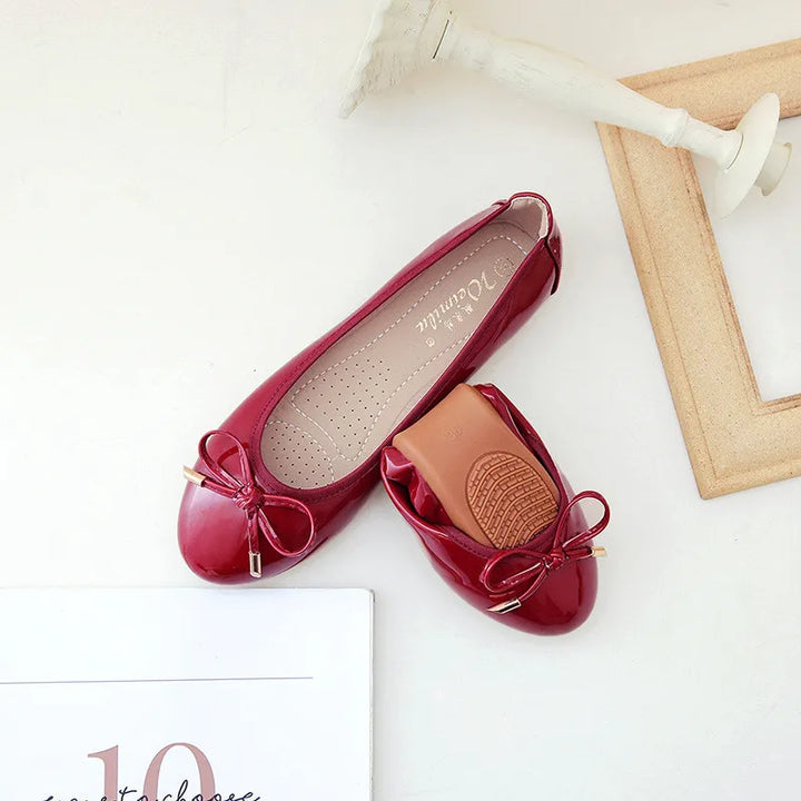 Ladies Loafers Shoes Bowtie Flats Patent Leather Loafers Women Round Toe Roll-Up Shoes Woman Bridesmaid Flats Large Size Zapatos