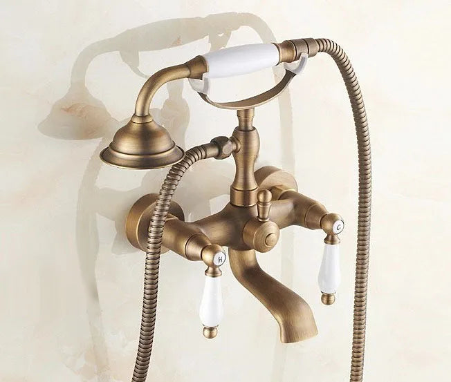 Vintage Retro Antique Brass Double Ceramic Handles Wall Mounted Claw Foot Bathroom Tub Faucet Mixer Tap With Handshower mtf152