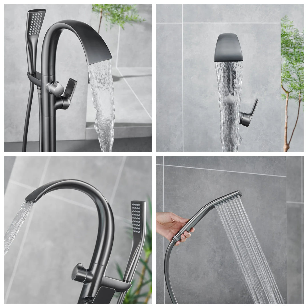 Floor Stand Waterfall Bathtub Faucet Solid Brass Bathroom Bathtub Water Mixer with Hand Shower in Brushed Rose Gold, Black, Gold