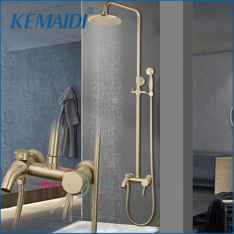 KEMAIDI Brushed Gold Shower Faucet In Wall 8" Stainless Steel Rainfall Bath Shower Set Swivel Bath Spout Bathroom Shower Column