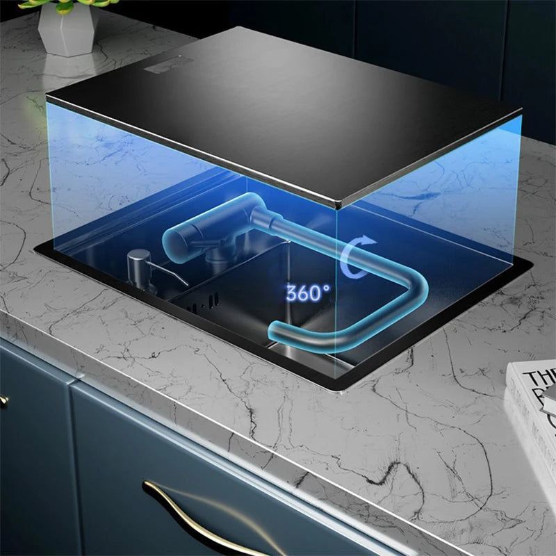 Nano Hidden Bar Kitchen Sink Black Folding Faucet Mini Small Single Bowl Wash Basin Stainless Steel Soap Dispenser Accessories