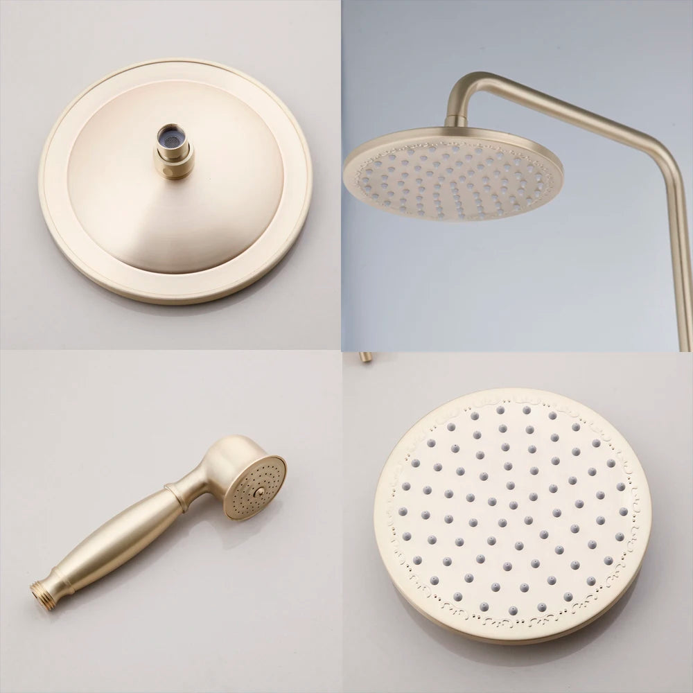 KEMAIDI Brushed Gold Shower Faucet In Wall 8" Stainless Steel Rainfall Bath Shower Set Swivel Bath Spout Bathroom Shower Column