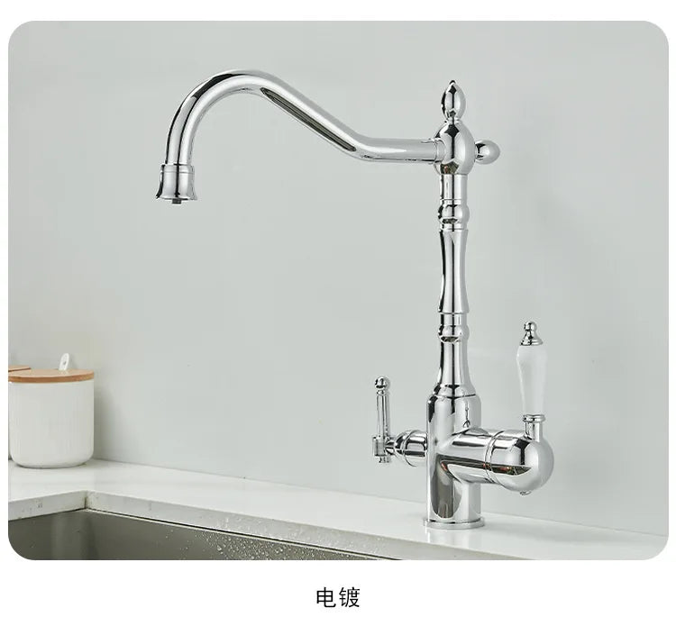 Brass light luxury three-in-one pure water faucet household sink washbasin hot and cold water faucet anti-splash