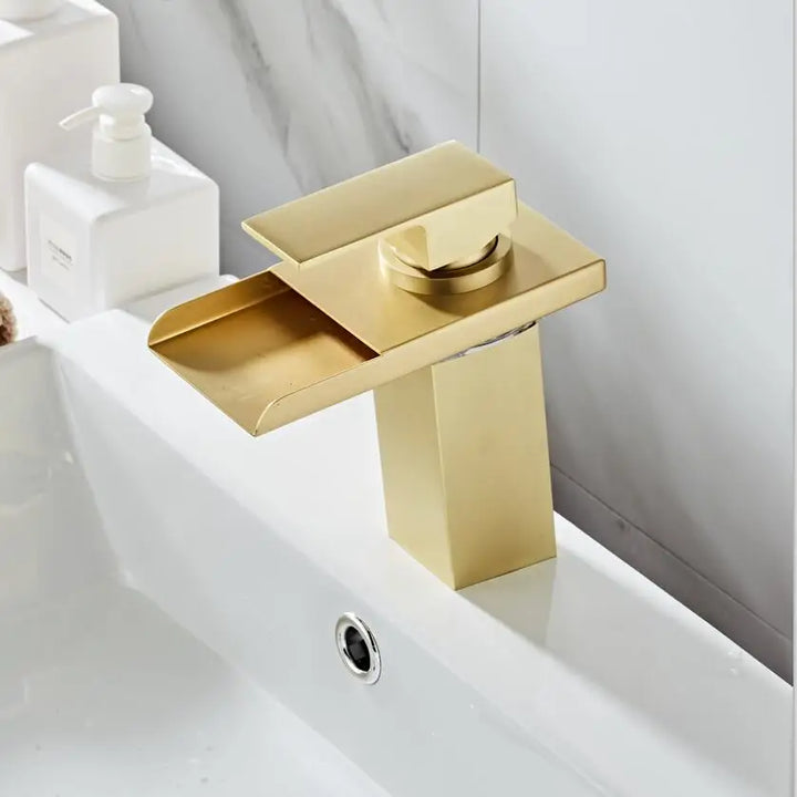 Brushed Gold LED Basin Faucet Waterfall Sink Taps Color Changing Temperature Bathroom Mixer Brass Cold Hot Tap