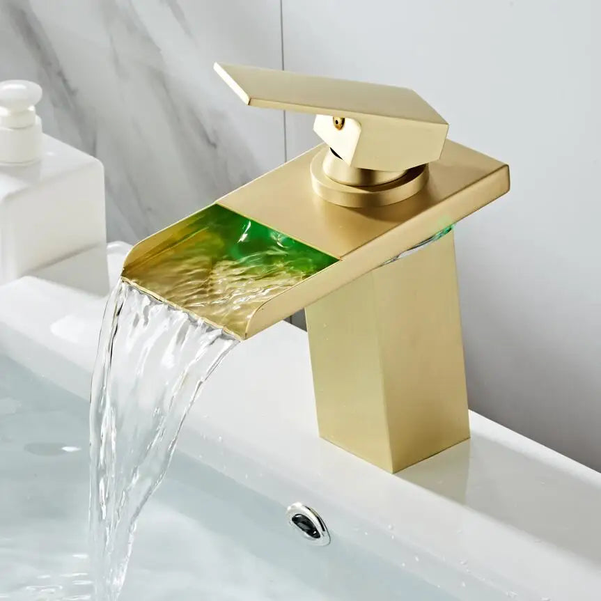 Brushed Gold LED Basin Faucet Waterfall Sink Taps Color Changing Temperature Bathroom Mixer Brass Cold Hot Tap