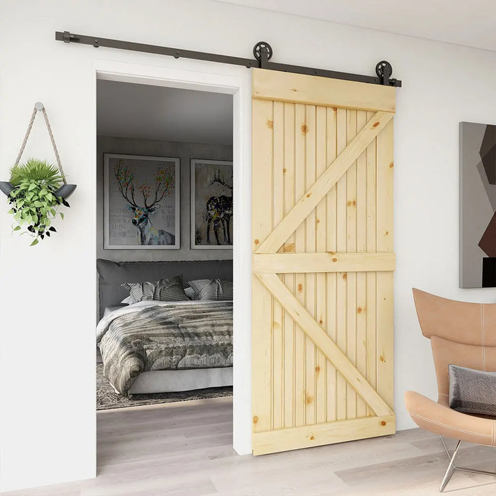 TSMST Heavy Duty Barn Door Hardware Kit for Wood Single Barn Door Black Industrial Rail + Middle Wheel  T Shape Roller