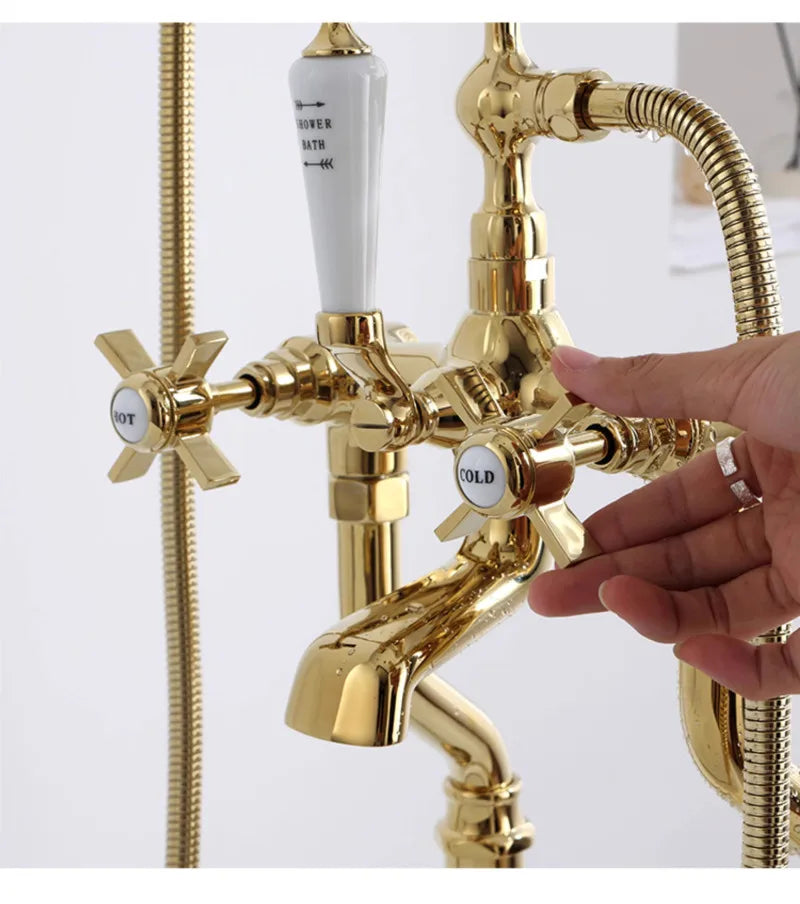 Bathtub Faucet Set Floor Decked Bathroom Classical Top High Quality Gold American Style Ceramic Handle Shower Faucet
