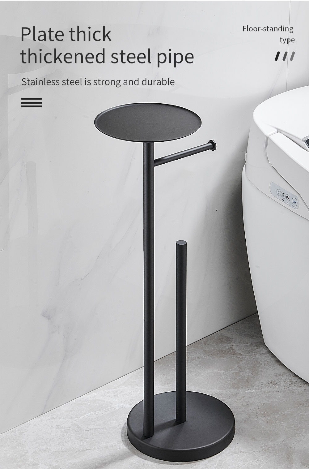 Floor Standing Toilet Paper Holder Stainless Steel Black Roll Paper Dispenser With Shelf Storage Bathroom Organization WB8236