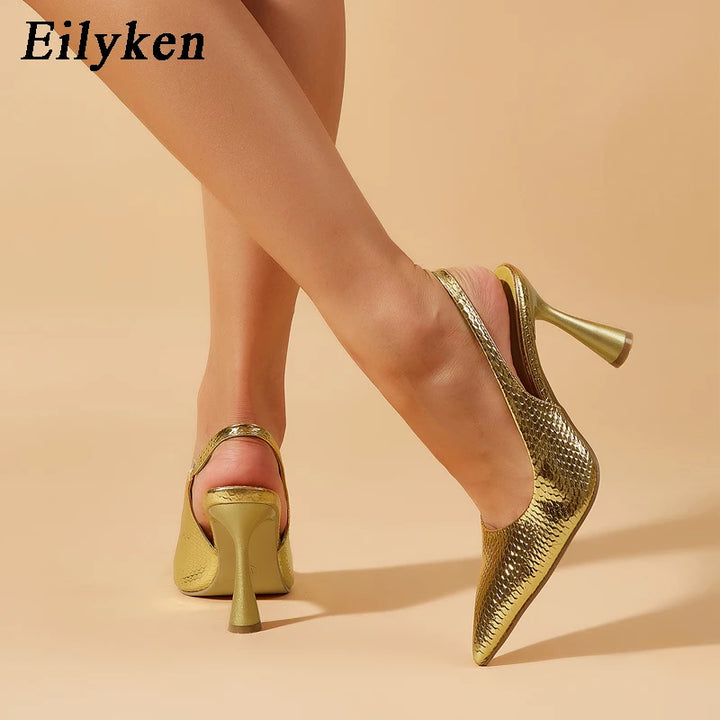 Eilyken New Spring Pointed Toe Gold,Silver Mules Stiletto High Heel Shoes