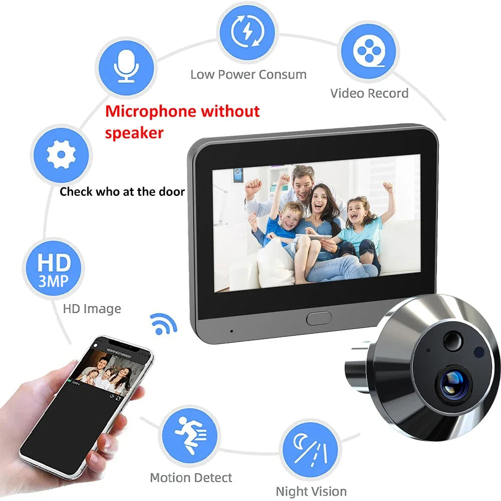 Tuya Smart 3MP 140° Wide View Angle Mini Digital Peephole Eye Viewer WiFi IR PIR Detection Doorbell Door Camera Alexa Google