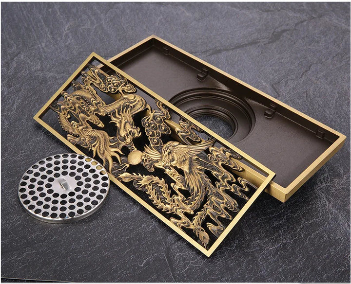 Bathroom Floor Drain Copper Antique Dragon Phoenix Picture Cover Large Displacement Floor Drain 20cm Long Strip Odor-Proof Drain