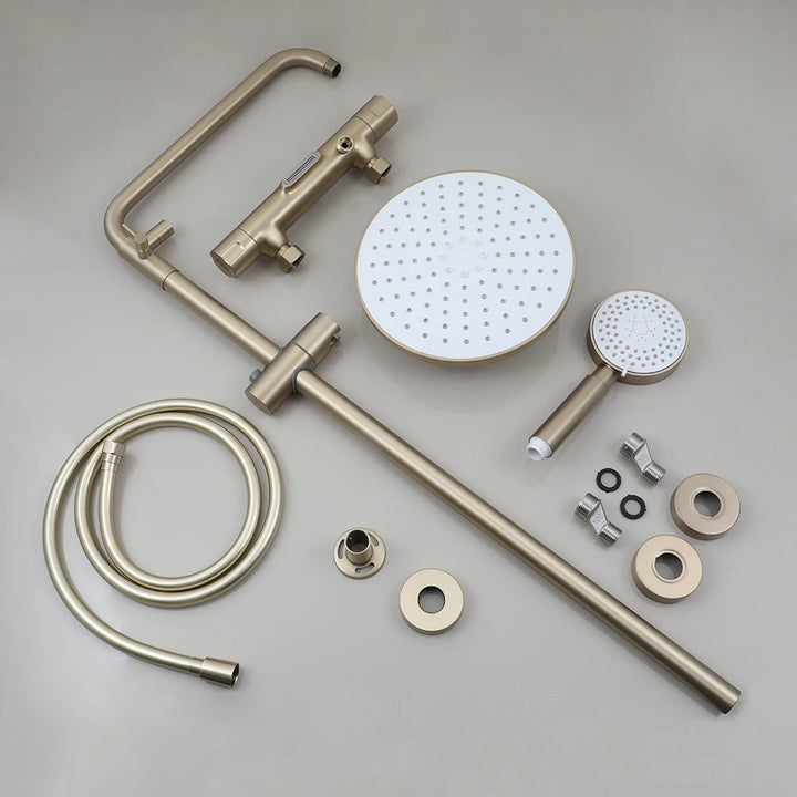 KEMAIDI Brushed Gold Thermostatic Shower System with Tub Spout  3-Functional Exposed Shower Faucet Mixer Fixtures Wall Mounted