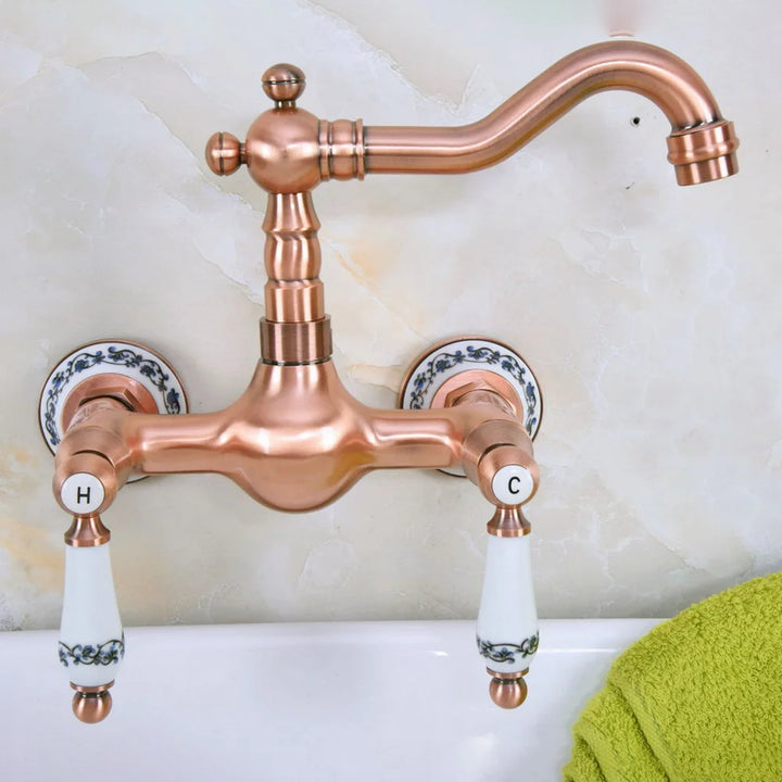 Basin Faucet Wall Mounted Dual Handles Bathroom Faucets Swivel Spout Antique Red Copper Hot Cold Water Mixer Tap Nnf955