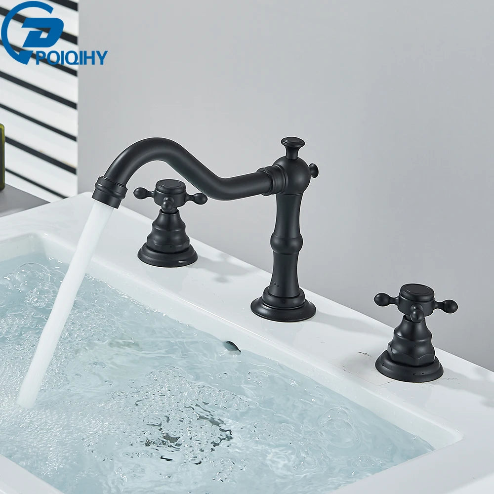Antique Brass Bathroom Mixer Taps Widespread Basin Faucet Dual Handles Hot and Cold Tap Deck Mounted Brass Basin Sink Faucet