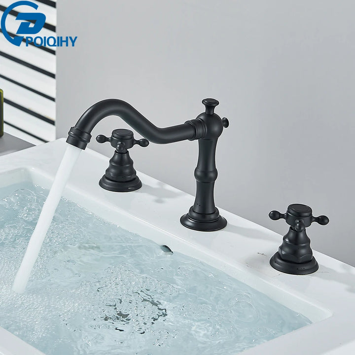 Antique Brass Bathroom Mixer Taps Widespread Basin Faucet Dual Handles Hot and Cold Tap Deck Mounted Brass Basin Sink Faucet