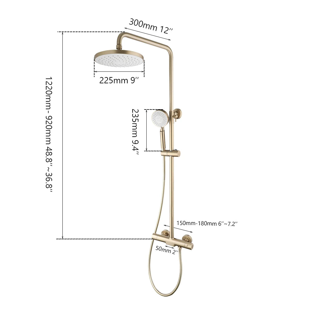 KEMAIDI Brushed Gold Thermostatic Shower System with Tub Spout  3-Functional Exposed Shower Faucet Mixer Fixtures Wall Mounted