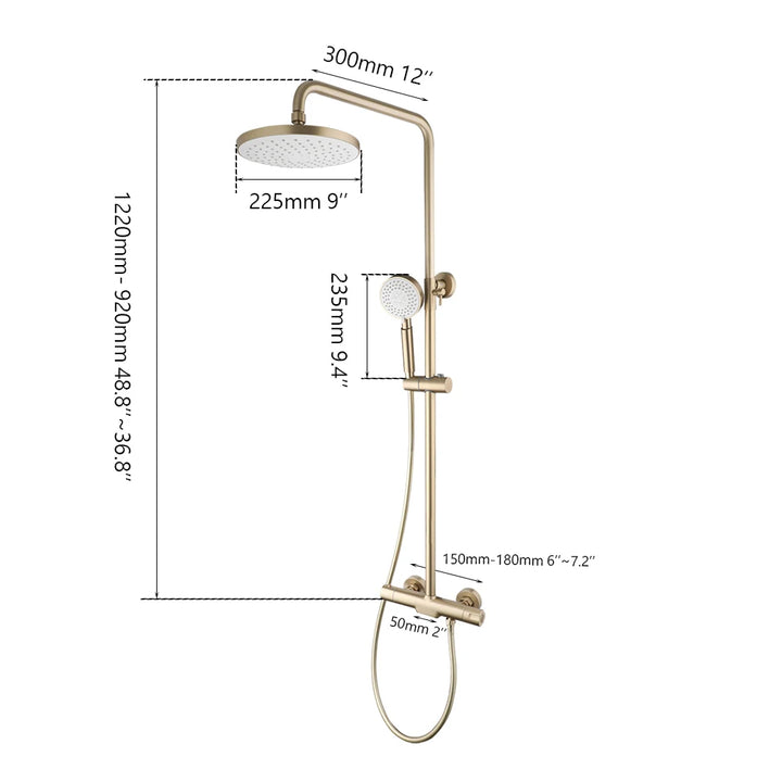 KEMAIDI Brushed Gold Thermostatic Shower System with Tub Spout  3-Functional Exposed Shower Faucet Mixer Fixtures Wall Mounted