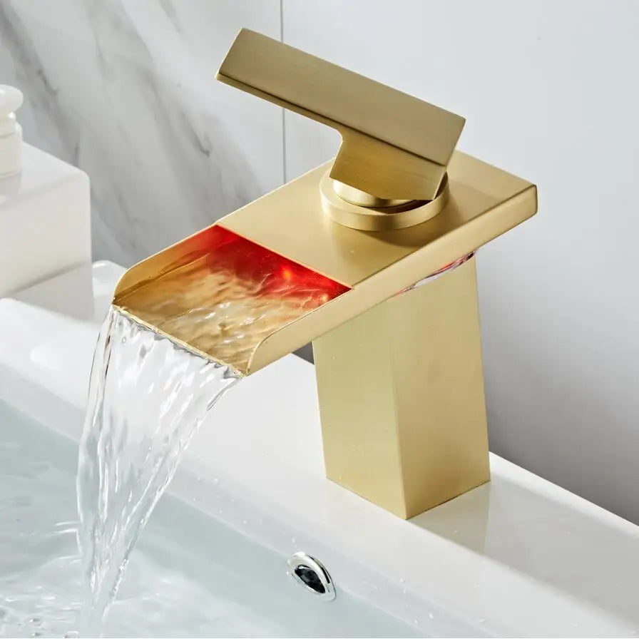 Brushed Gold LED Basin Faucet Waterfall Sink Taps Color Changing Temperature Bathroom Mixer Brass Cold Hot Tap