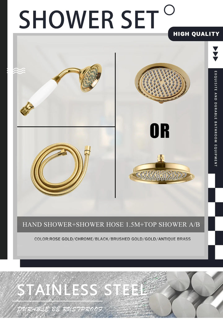 Brass Golden Rainfall Shower Head Rose Gold Handheld Shower Bathroom