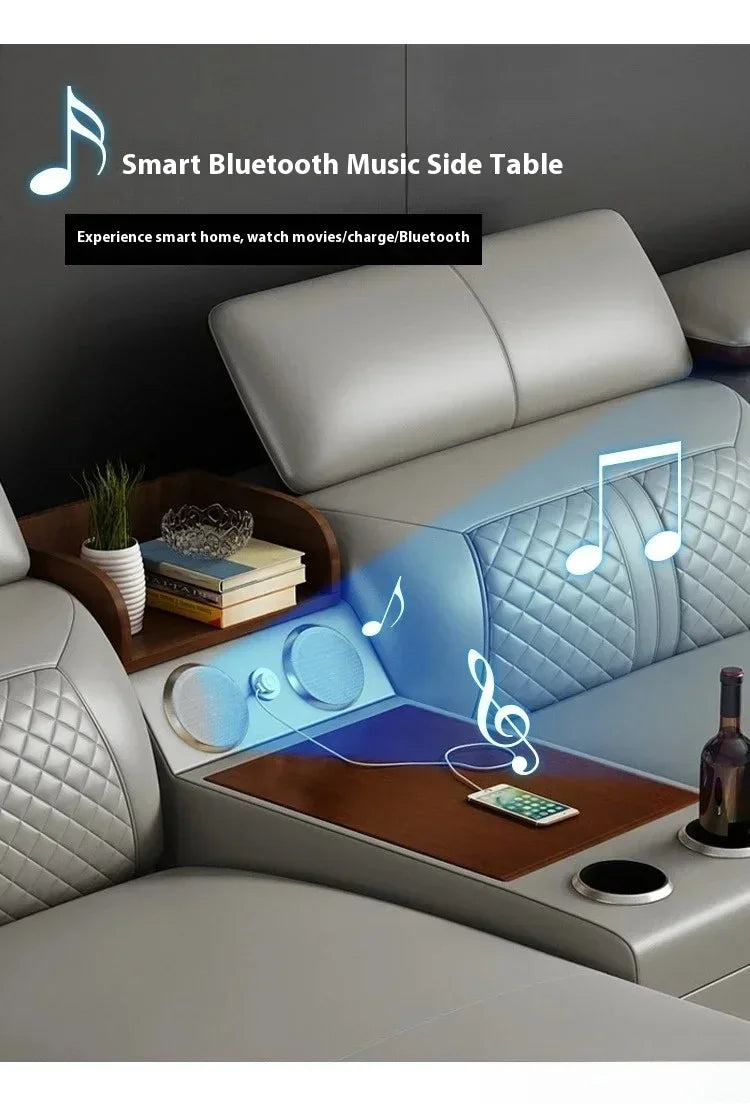 Stylish Italian Genuine Leather Sofa for Living Room with Cup Holder, USB, Adjustable Headrests & Bluetooth Speaker - Lazy Sofa