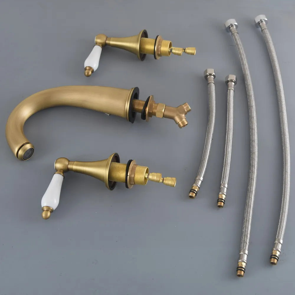 Antique Brass Widespread Bathroom Sink Faucet 3 Hole Basin Mixer Tap aan083