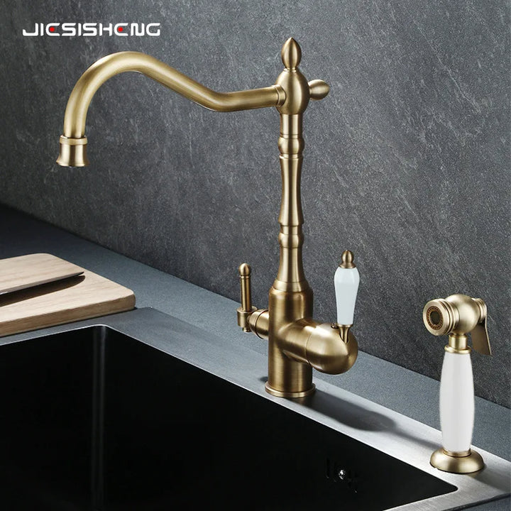 Brass light luxury three-in-one pure water faucet household sink washbasin hot and cold water faucet anti-splash