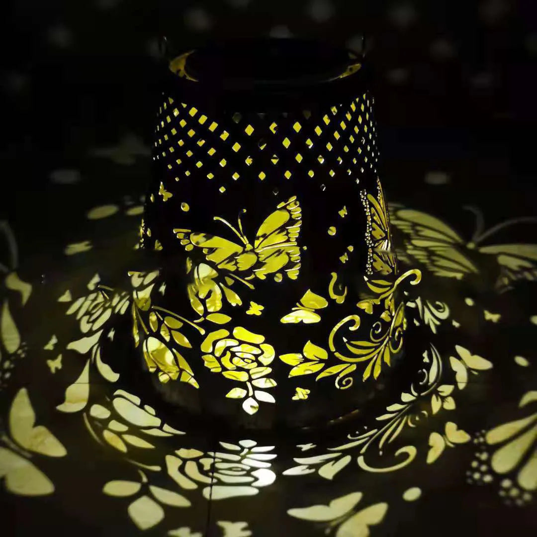 New solar butterfly projection light wrought iron hollow lantern garden atmosphere decorative light