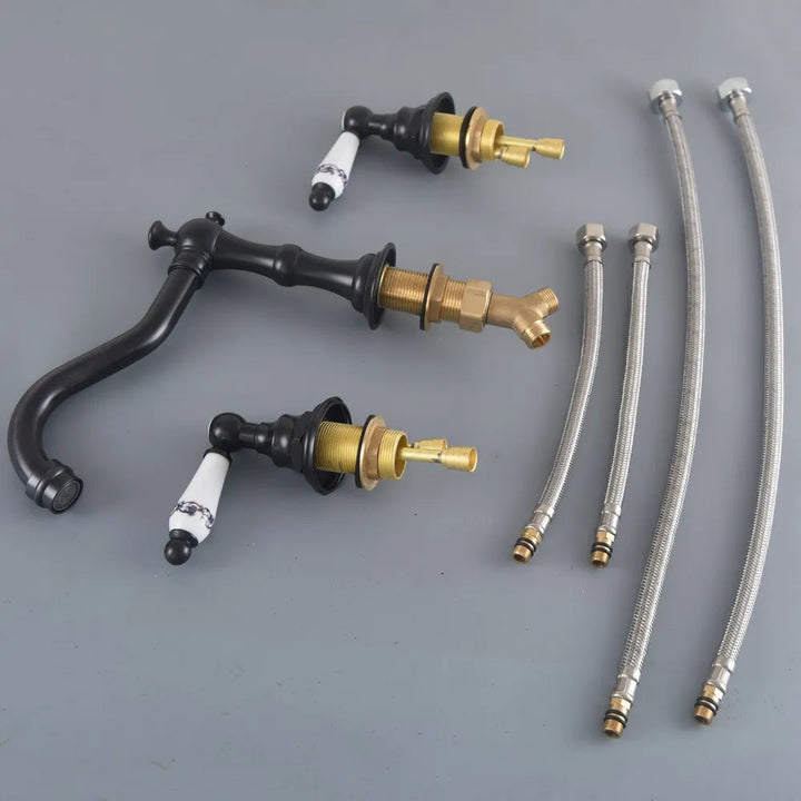 Black Oil Rubbed Bronze Double Handles 3 Holes Install Widespread Deck Mounted Bathroom Sink Basin Faucet Sink Mixer Tap mhg067