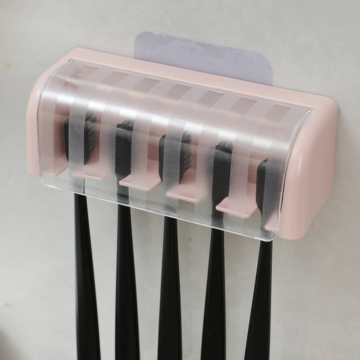 5 Holes Toothbrush Holder with Cover Punch-free Dustproof Toothbrush Storage Racks Wall-mounted Home Bathroom Storage Supplies