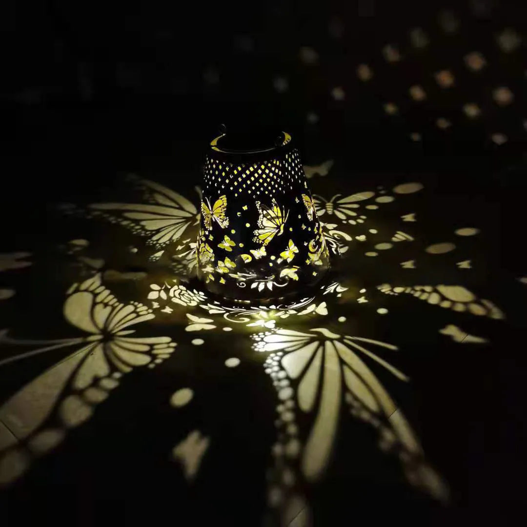 New solar butterfly projection light wrought iron hollow lantern garden atmosphere decorative light