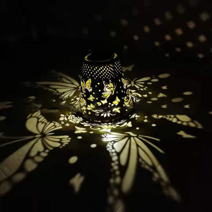 New solar butterfly projection light wrought iron hollow lantern garden atmosphere decorative light
