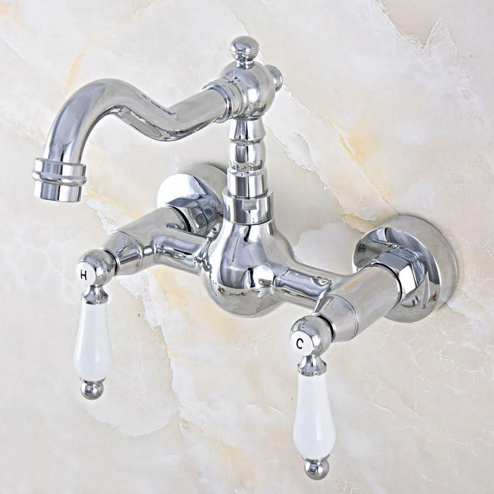 Wall Mounted Bathroom Faucet Polished Chrome Brass Finish Dual Ceramic Handle Washbasin Mixer Vessel Sink Faucets Lnf562