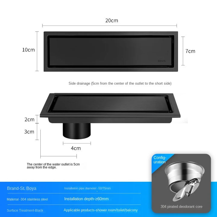Luxury Hidden 304 Stainless Steel Rectangular Floor Drain Bathroom Toilet Drain Anti-Odor Filter Hair Extended Floor Drain