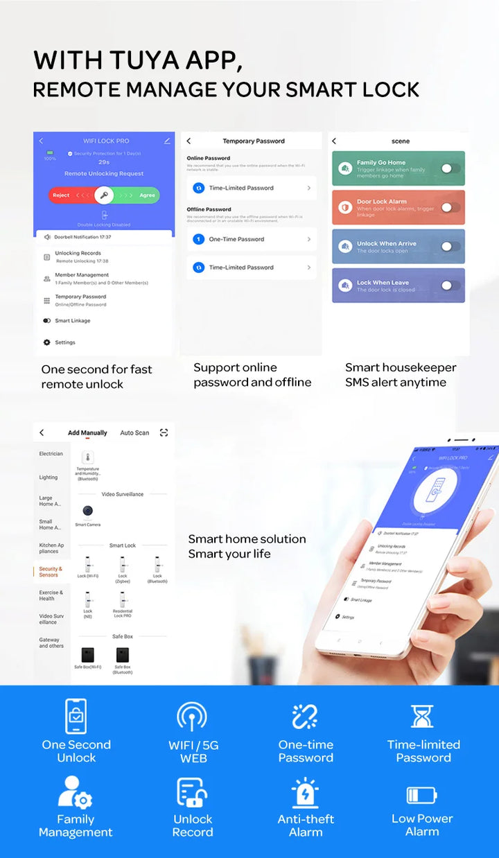 85/92mm Waterproof High-End Outdoor Fingerprint TUYA WIFI APP RFID Card Code Keyless Smart Electronic Door Lock Aluminum Home