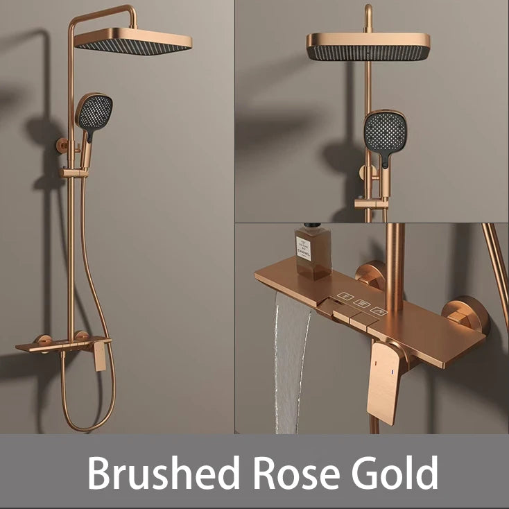 Brushed Rose Gold Piano Bathroom Shower Set Brass Hot Cold Bathroom Mixer Faucet Rain Shower Head Hot Cold Piano Shower System