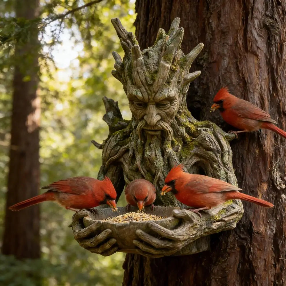 Mounted on Tree Bird Feeder Tree Face Bird Feeder Weatherproof Resin Decorative Birdseed Holder for Garden Backyard